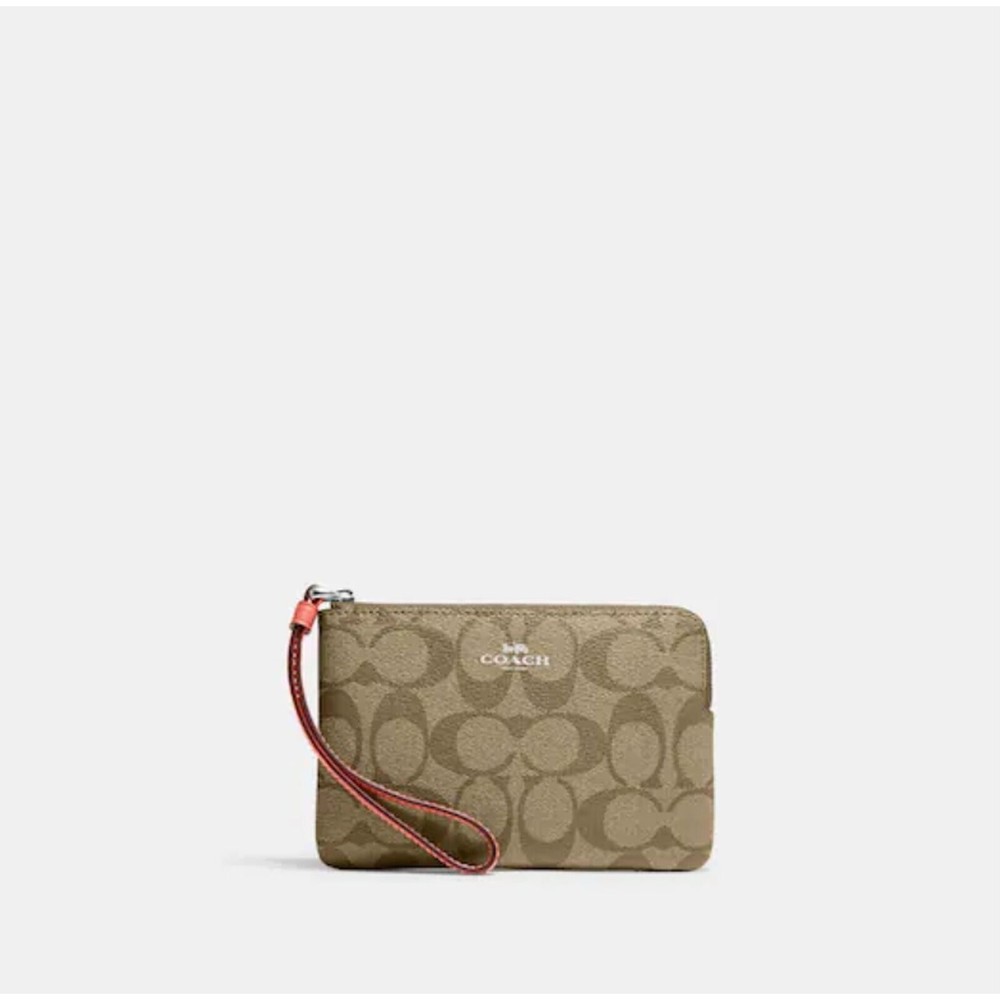 COACH CK358 Corner Zip Wristlet in Signature Canvas Silver/Khaki/Tangerine NWT
